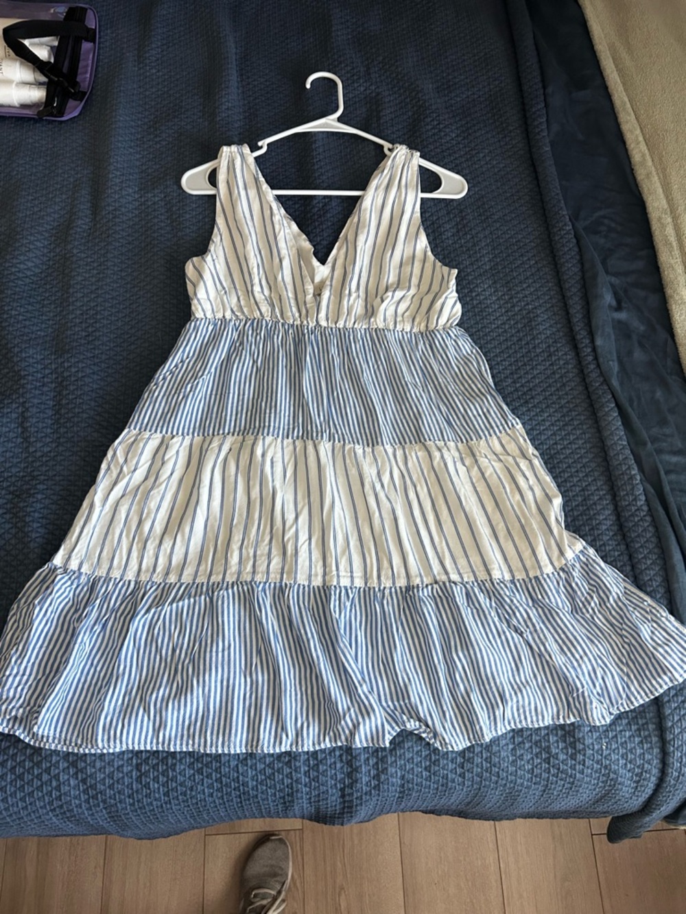 LOFT Blue and White Striped V-Neck Dress